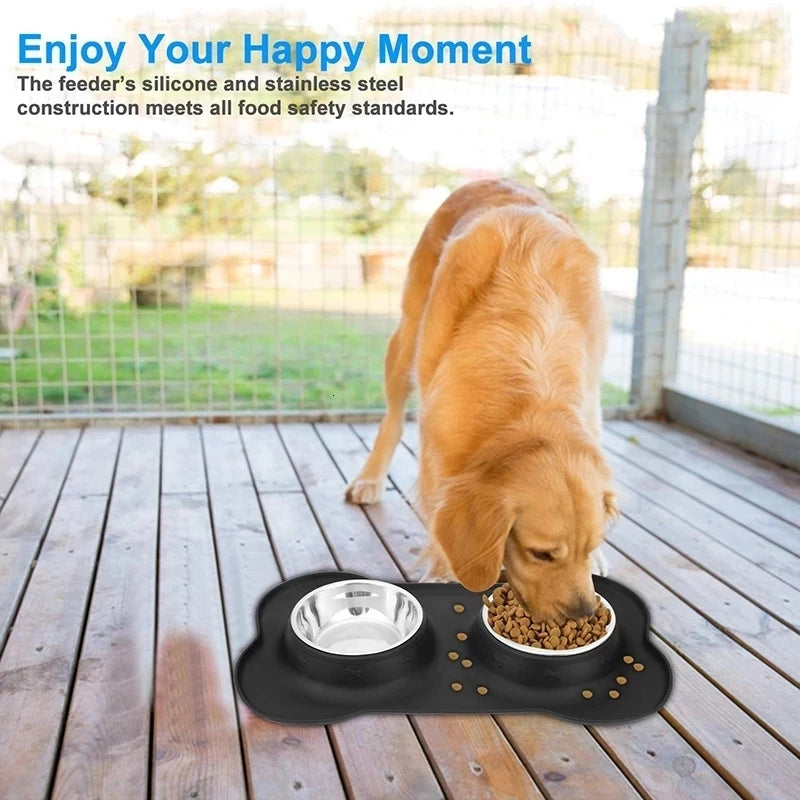 Anti-Slip Double Dog Bowl with Silicone Mat