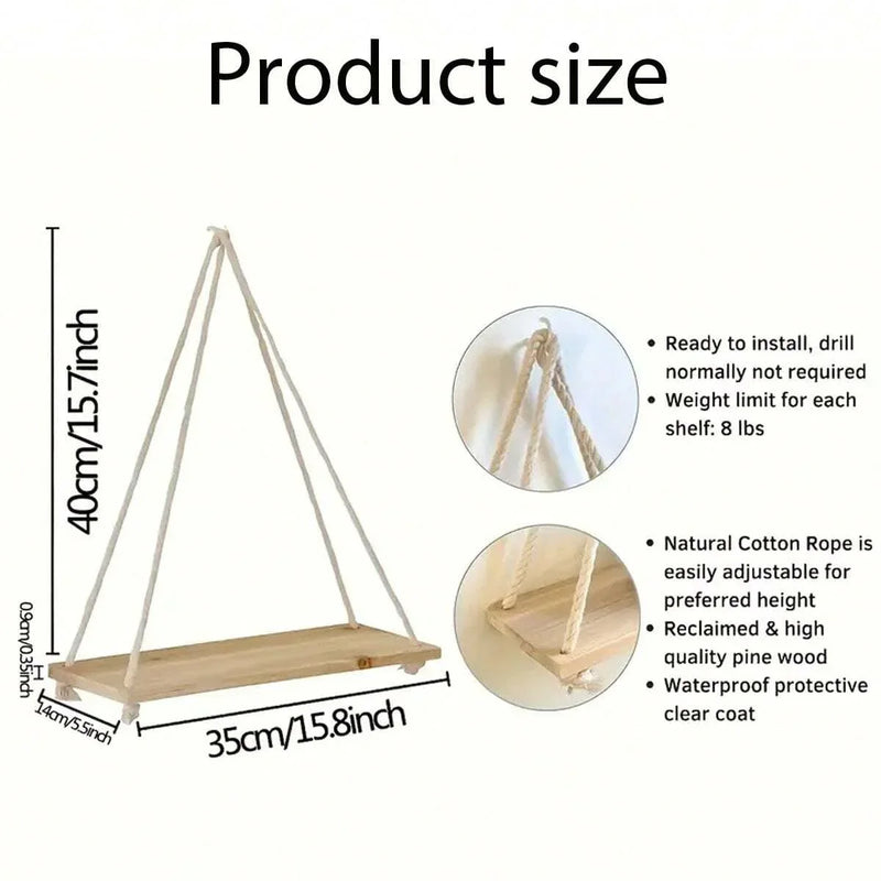 Wooden Hanging Rope Shelf