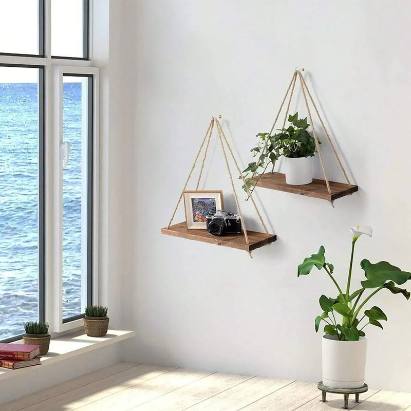 Wooden Hanging Rope Shelf