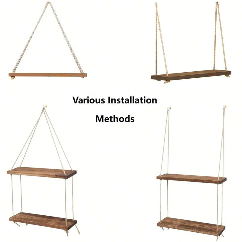 Wooden Hanging Rope Shelf