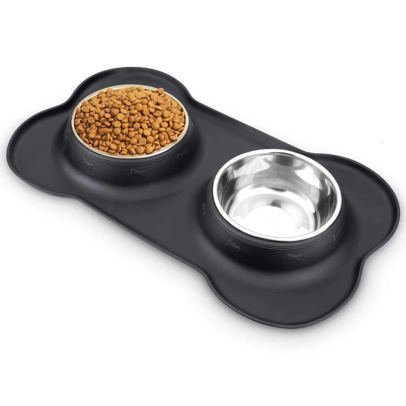 Anti-Slip Double Dog Bowl with Silicone Mat